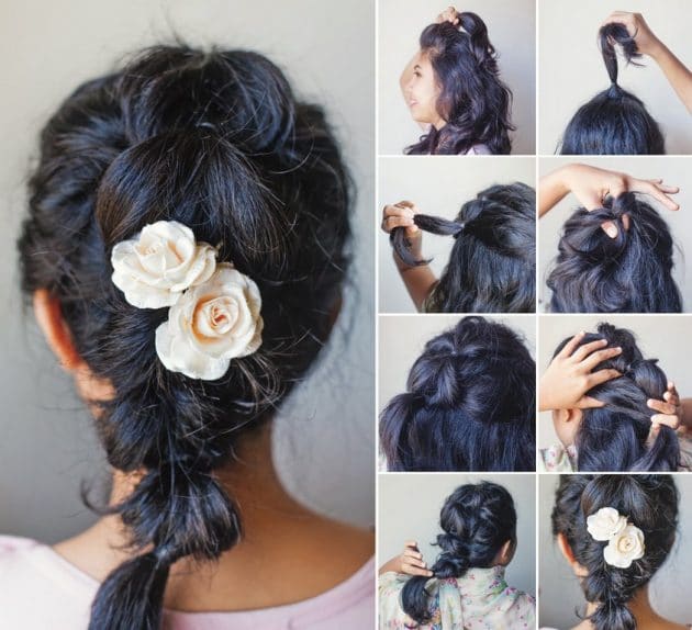 Penteado para festa com cabelo liso e flor decorativa