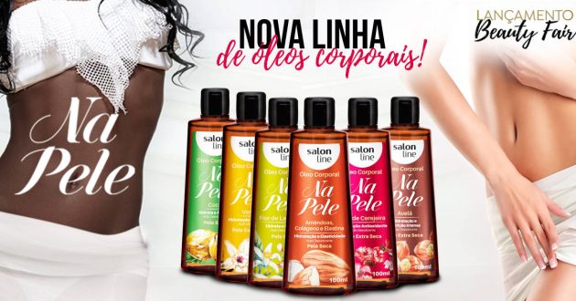 Banner: Nova linha com 6 óleos corporais. Ao fundo, mulheres negra e branca - ambas vestindo branco