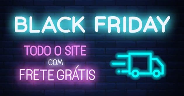 Banner da Promoção de Black Friday com frete grátis, texto em neon sobre fundo de tijolos