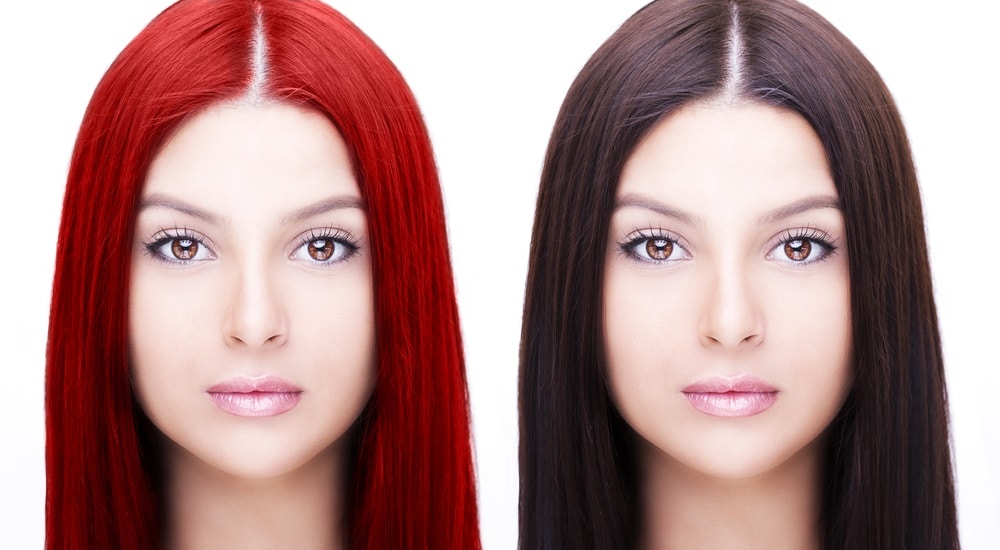  Dois retratos da mesma mulher, o primeiro com cabelo ruivo e o segundo com cabelo moreno