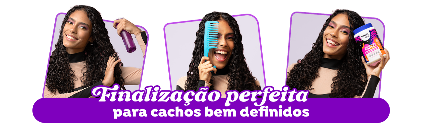 banner de três fotos de uma mulher negra com borrifador molhando o cabelo, pente na mão e com pote de 1kg de creme de cabelo Salon Line.