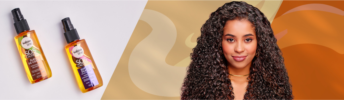 banner dividido ao meio, de um lado os óleos de tratamento de sos cachos, do outro uma mulher negra de cabelos castanhos e cacheados