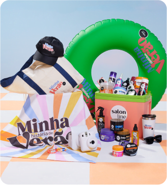 kit de produtos salon line com uma bolsa, boné e boia de piscina